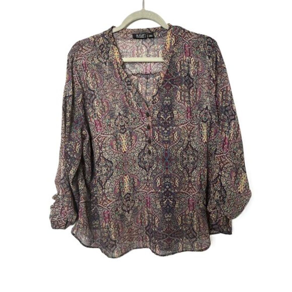 ANA Blouse Womens Size XL Petite Multicolor Tunic Printed Long Sleeve